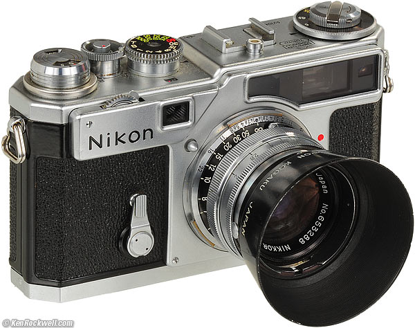 Nikon 5cm f/2 with hood on a Nikon SP