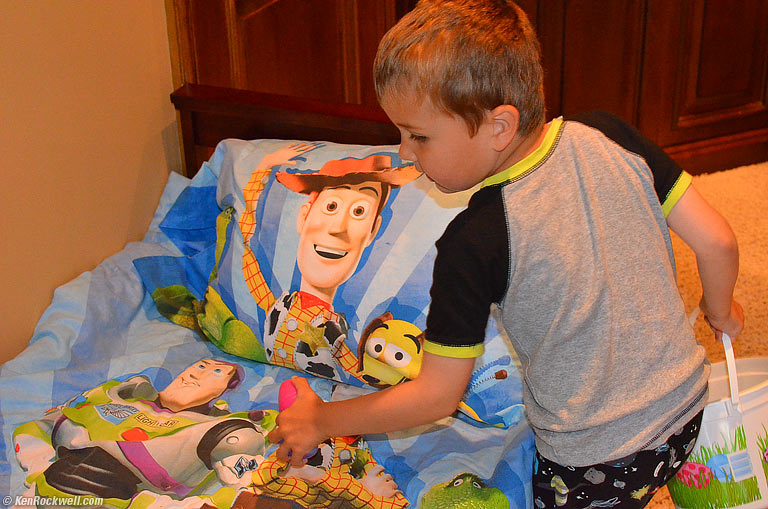 Ryan finding Easter eggs on his Toy Story bed. 