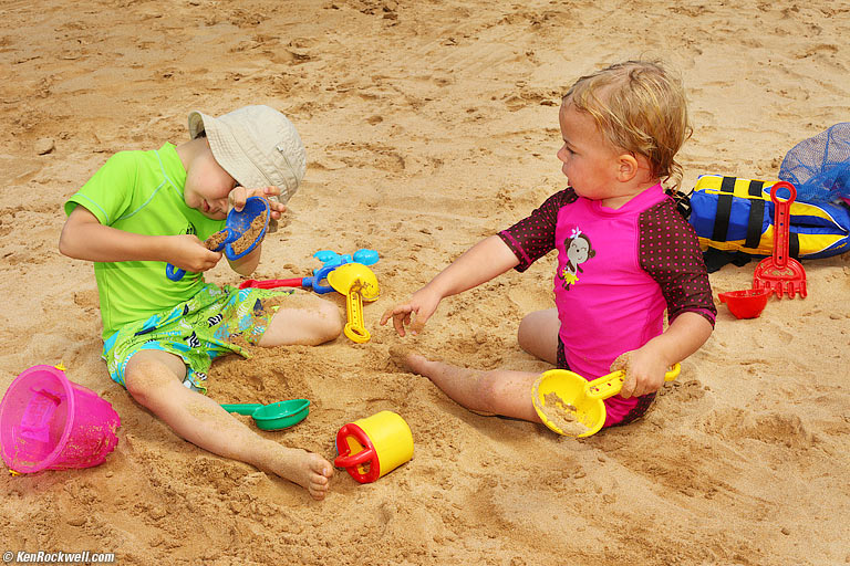 Ryan and Katie playing in the sand, Wailea Beach, Maui. 10:30 AM.