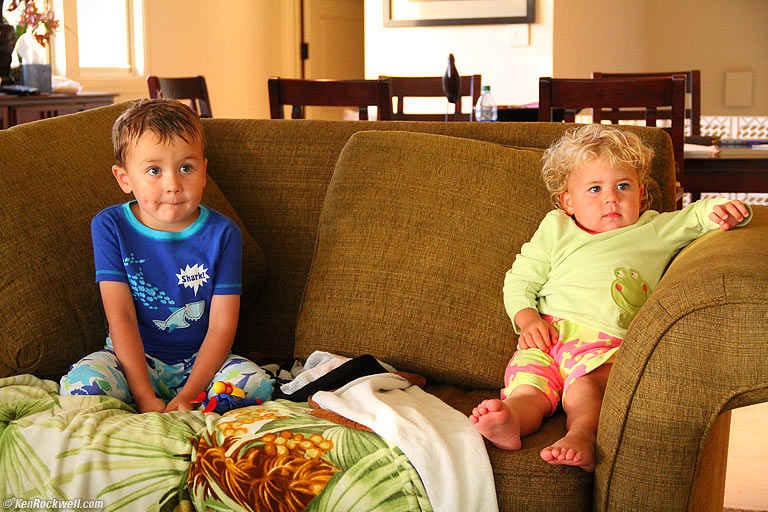 Two kids with funny hair after their baths, 6:39 PM.