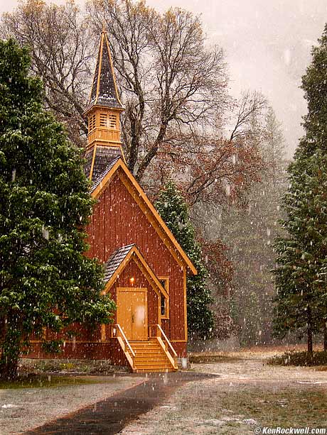 Yosemite Chapel in snowstorm