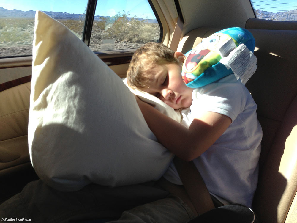 Ryan sleeping on the drive away from Furnace Creek Resort, Death Valley, California 1:38 PM. 