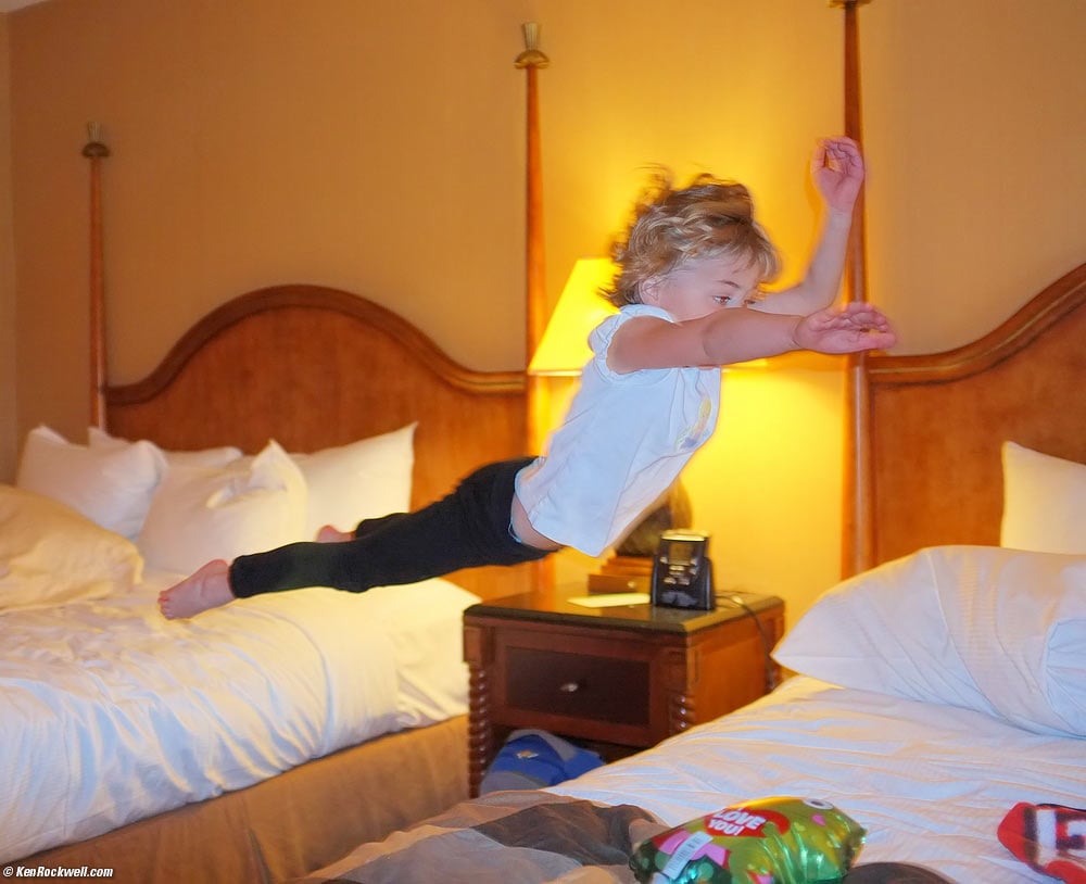 Katie flying from bed to bed, 4:35 PM.