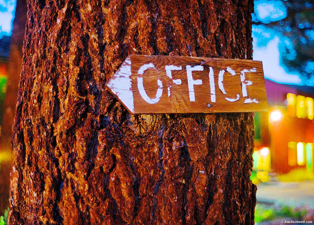 Office Sign on Tree, Boulder Lodge, June Lake, 6:41 PM