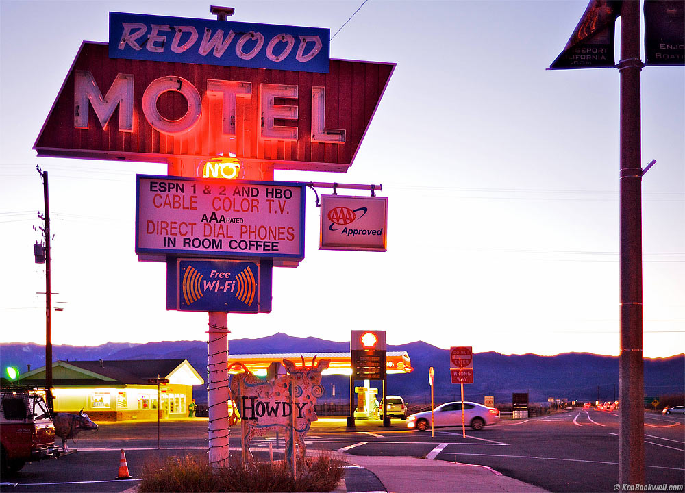 Redwood Motel Sign Backlit Just After Dusk, Bridgeport