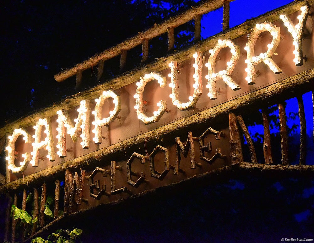 Illuminated Camp Curry Sign at Dusk, Curry Village, Yosemite Valley, 