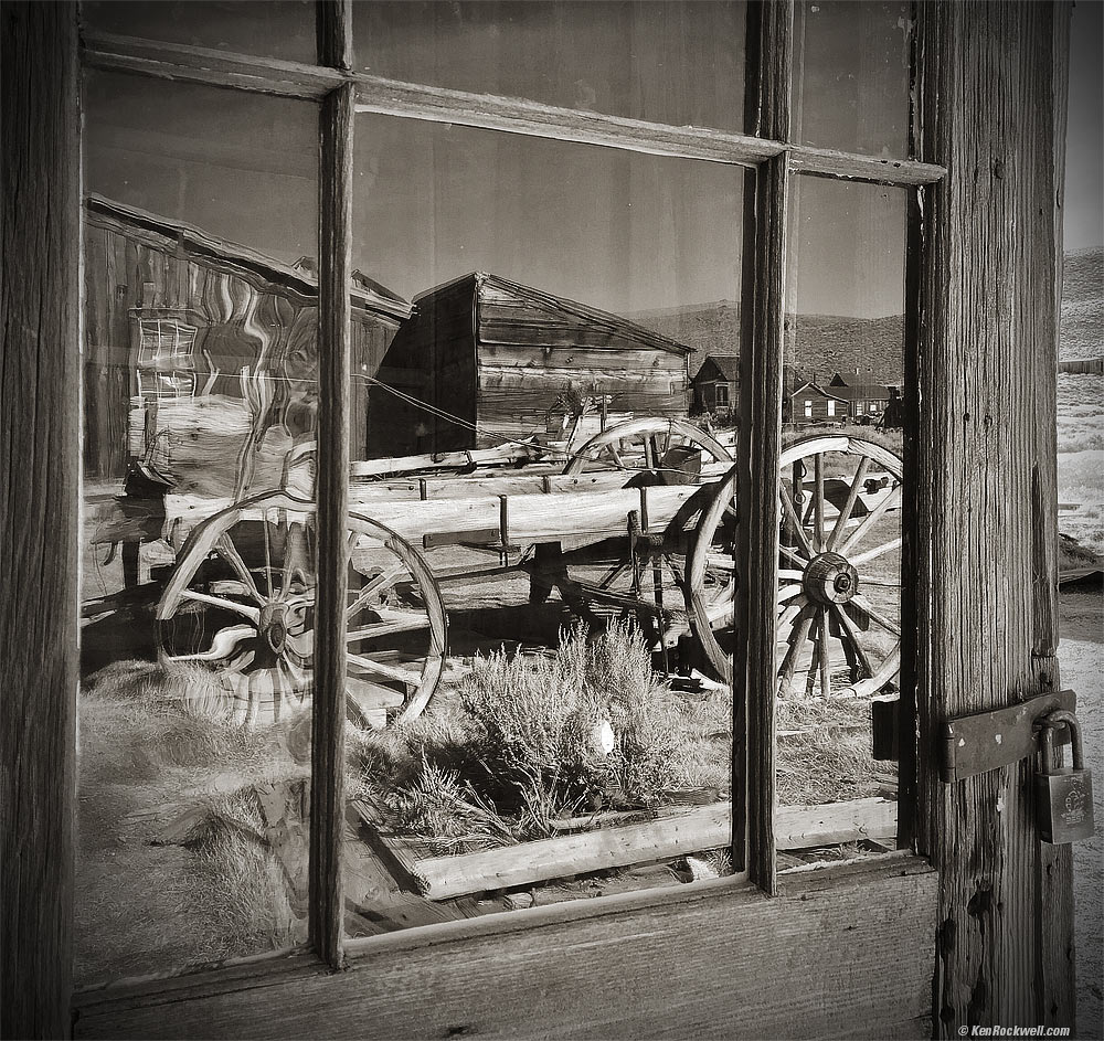 Reflection of Old Cart in Weathered Window, Bodie, California
