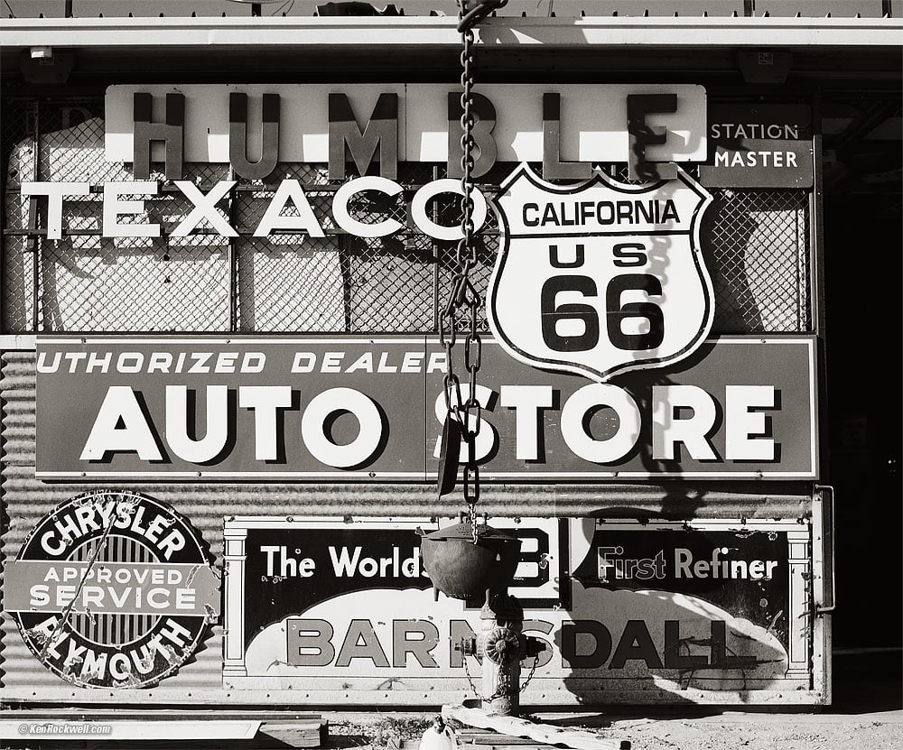 Old Filling Station Signs in Black-and-White, Barstow