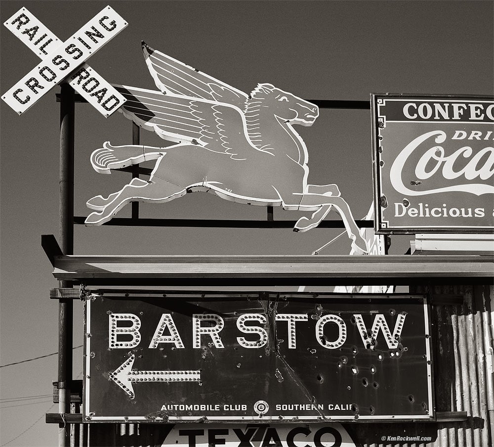 Old Mobile Flying Horse Sign in Black-and-White, Barstow