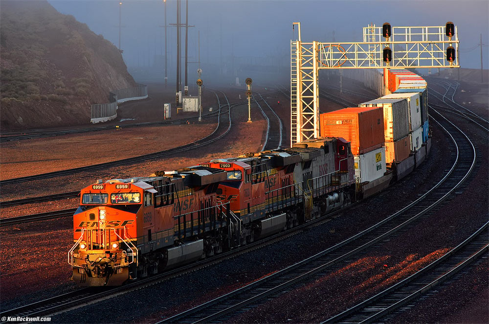 Heavily Loaded Freight Train Heading East into Barstow at Dawn