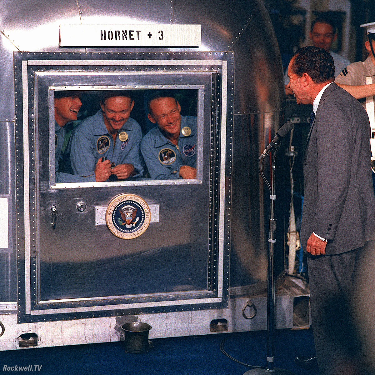 President Nixon meets astronauts on Hornet after splashdown