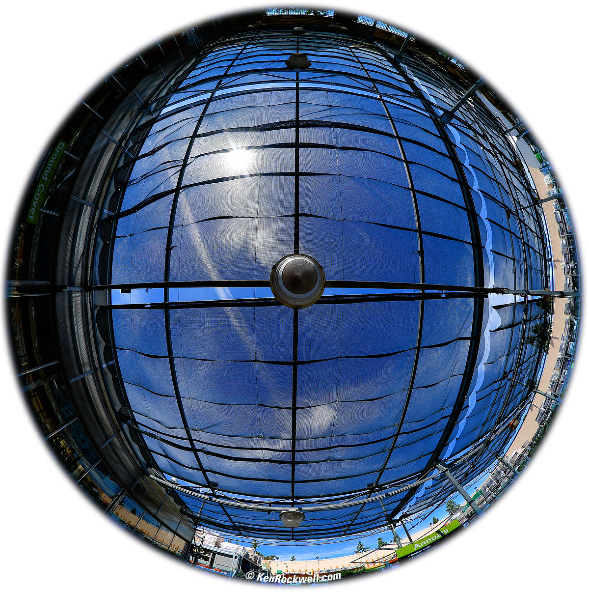 Looking up at a sunshade through a fisheye lens