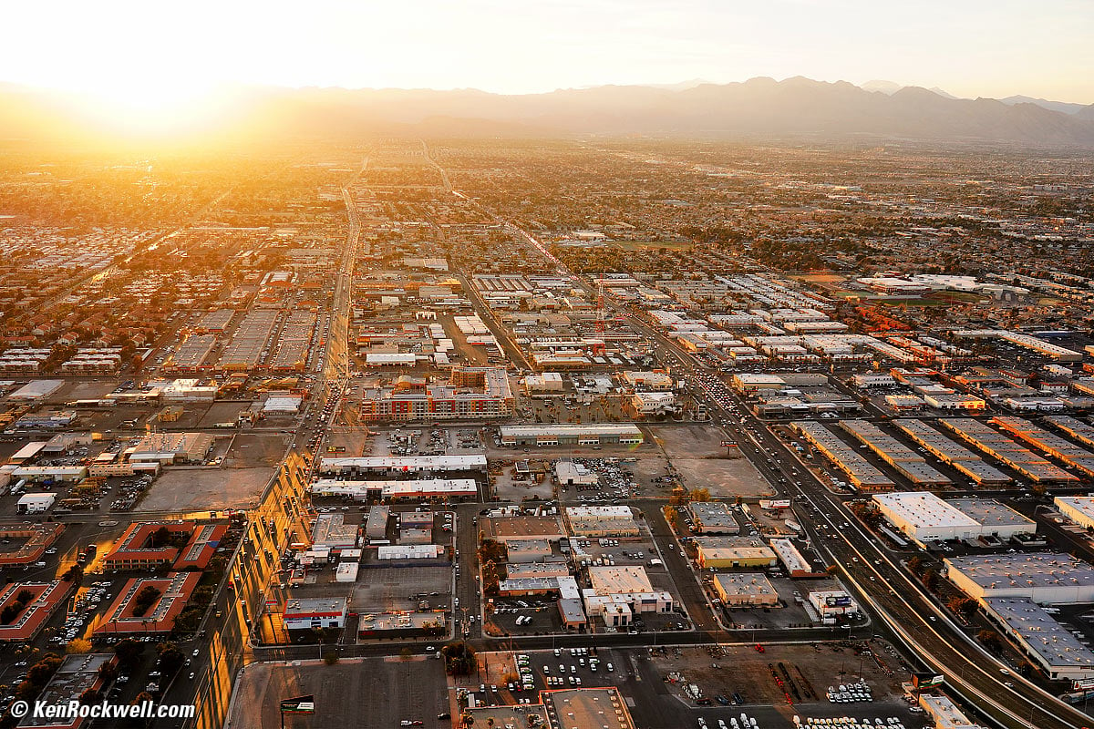 Aerial view towards Red Rock from the Las Vegas Strip at sunset