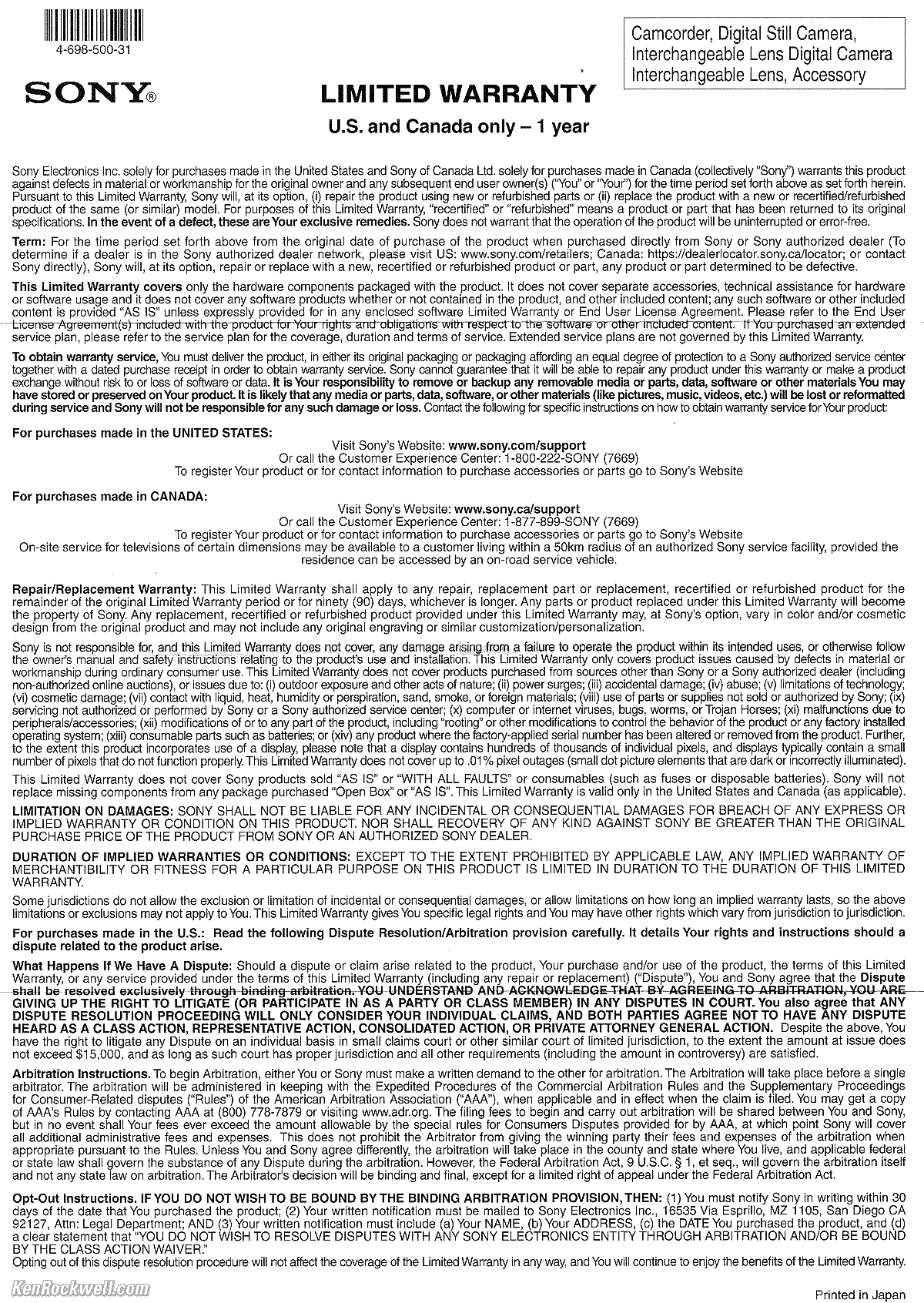 Sony 24-240mm USA Warranty