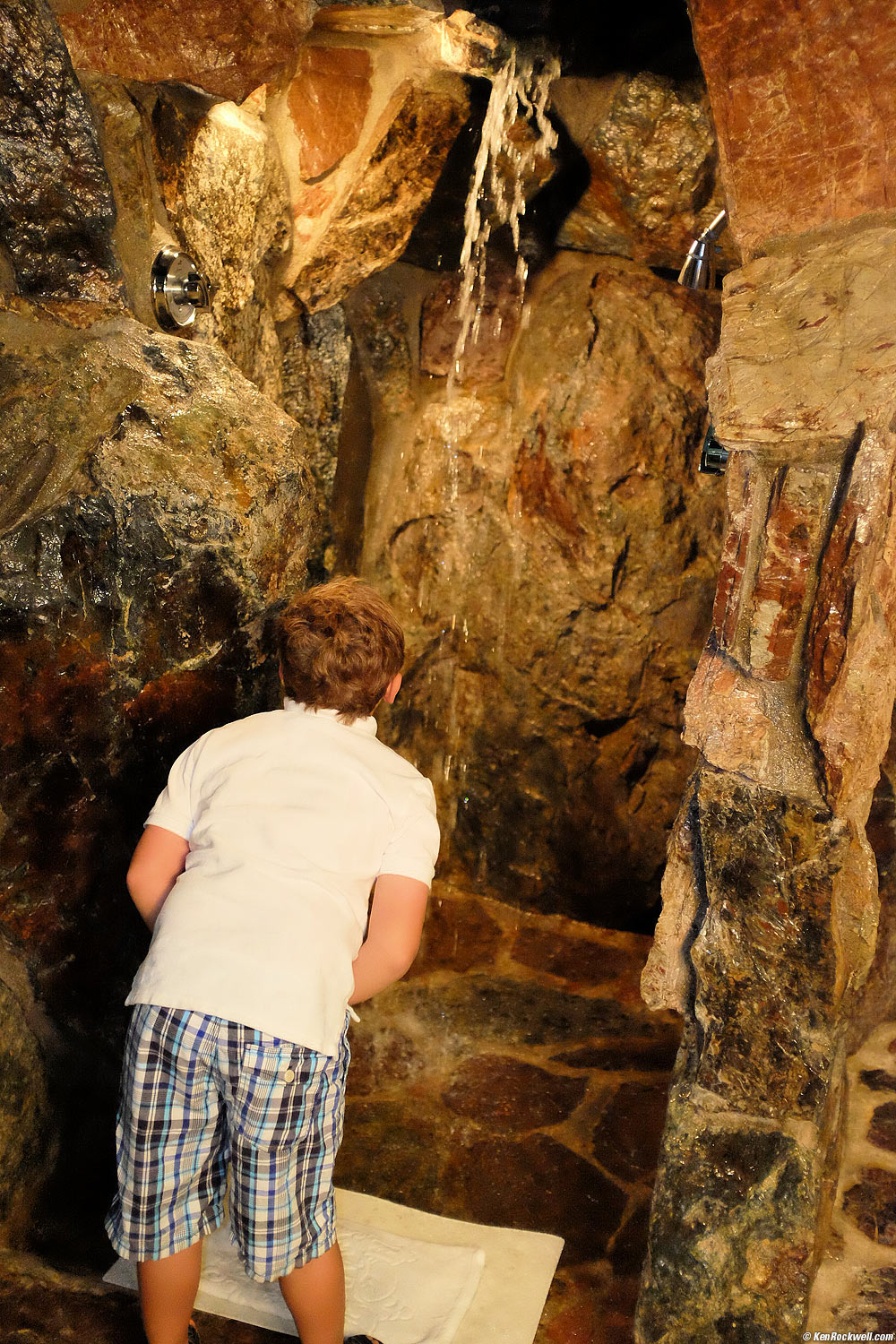 Ryan Checks Out the Waterfall in the Shower, Madonna Inn